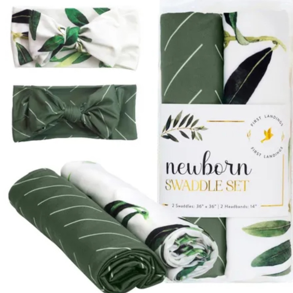 Newborn Swaddle Set Green Botanical Leaves First Landing 2 Swaddles 2 Headbands